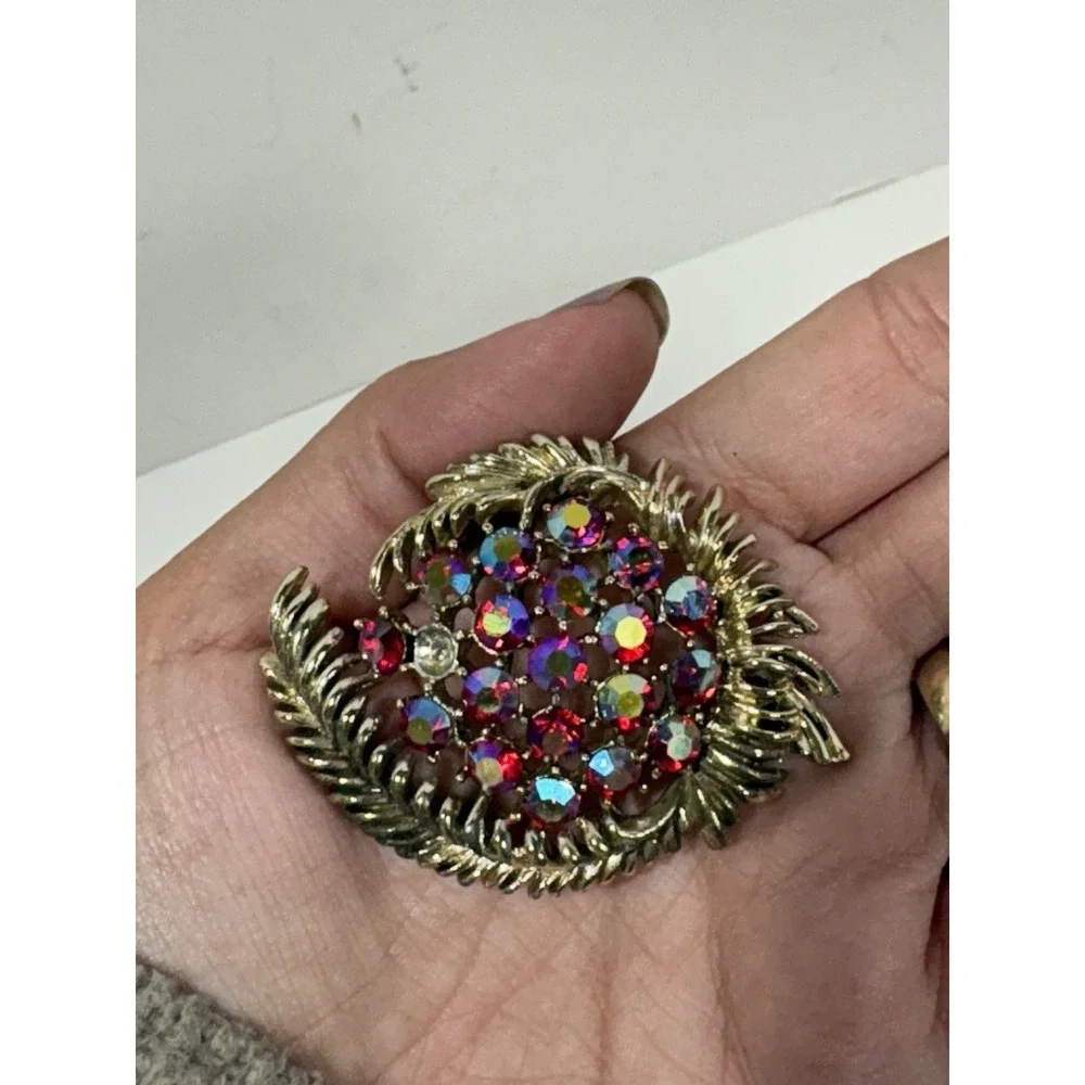 Vitntage Aurora Borealis Brooch Rhinestones Silver Tone Large Pin Gorgeous‎
